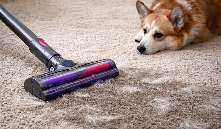 Porszívófej dolgozik a szőnyegen, körülötte szőr, a háttérben fekvő corgi